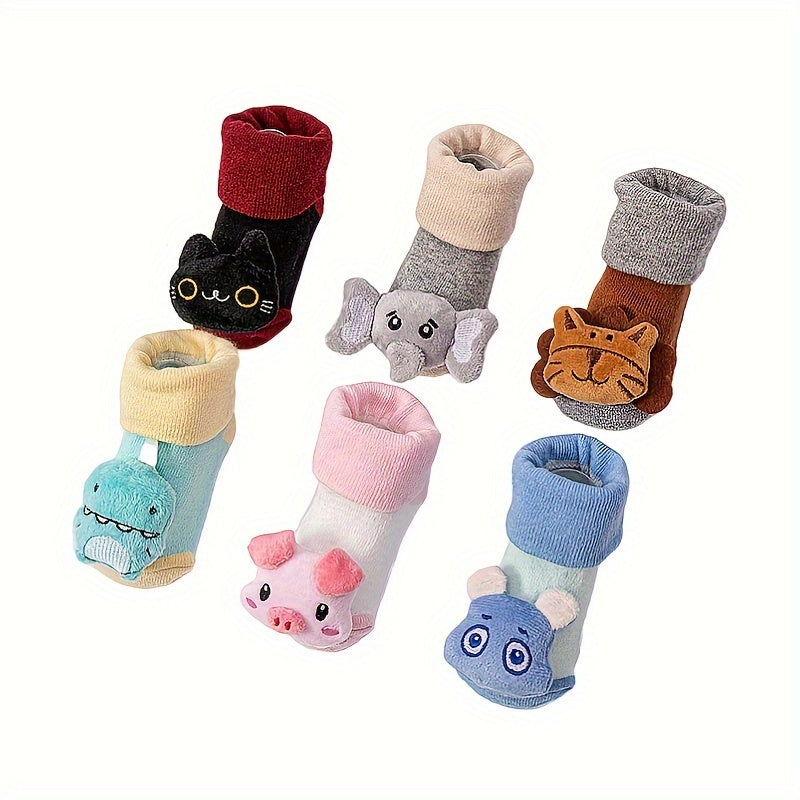 Rutschfeste Socken aus Gummi mit Tierpuppe und Glöckchen in Farbblock-Optik für Babys und Mädchen aus Baumwollmischung, verdickte, warme Bodensocken für zu Hause