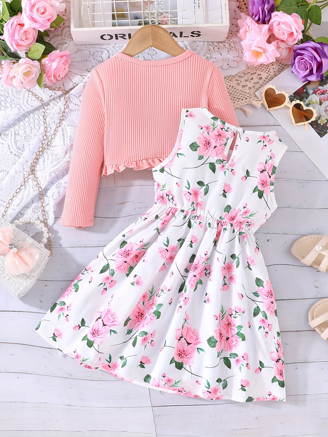 Girls Outfit Elegant Bow Floral Sleeveless Dress