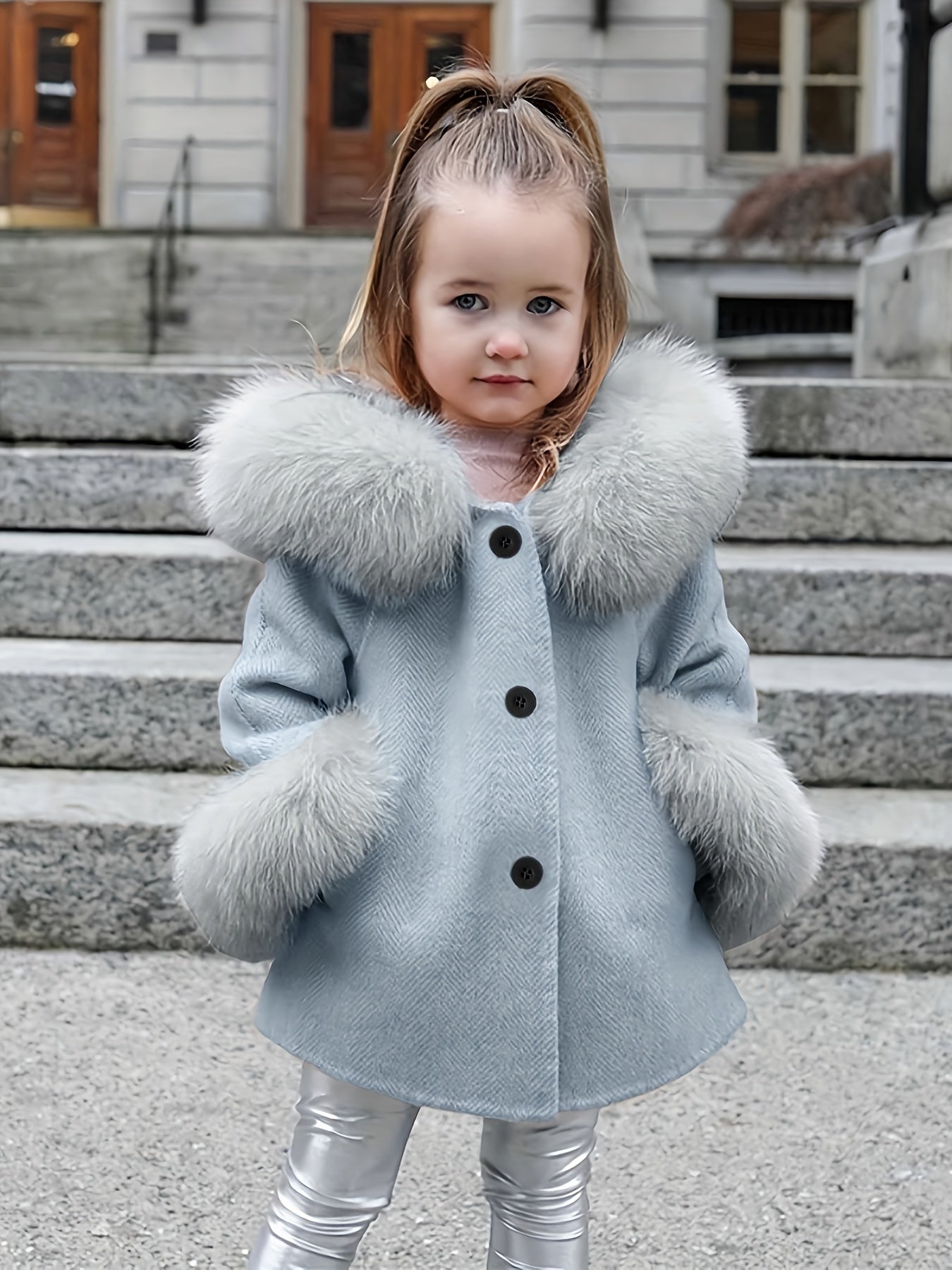 Little Girls Furry Hooded Coat Outerwear With Pockets