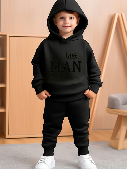 2pcs Boy's LITTLE MAN Print Hooded Outfit