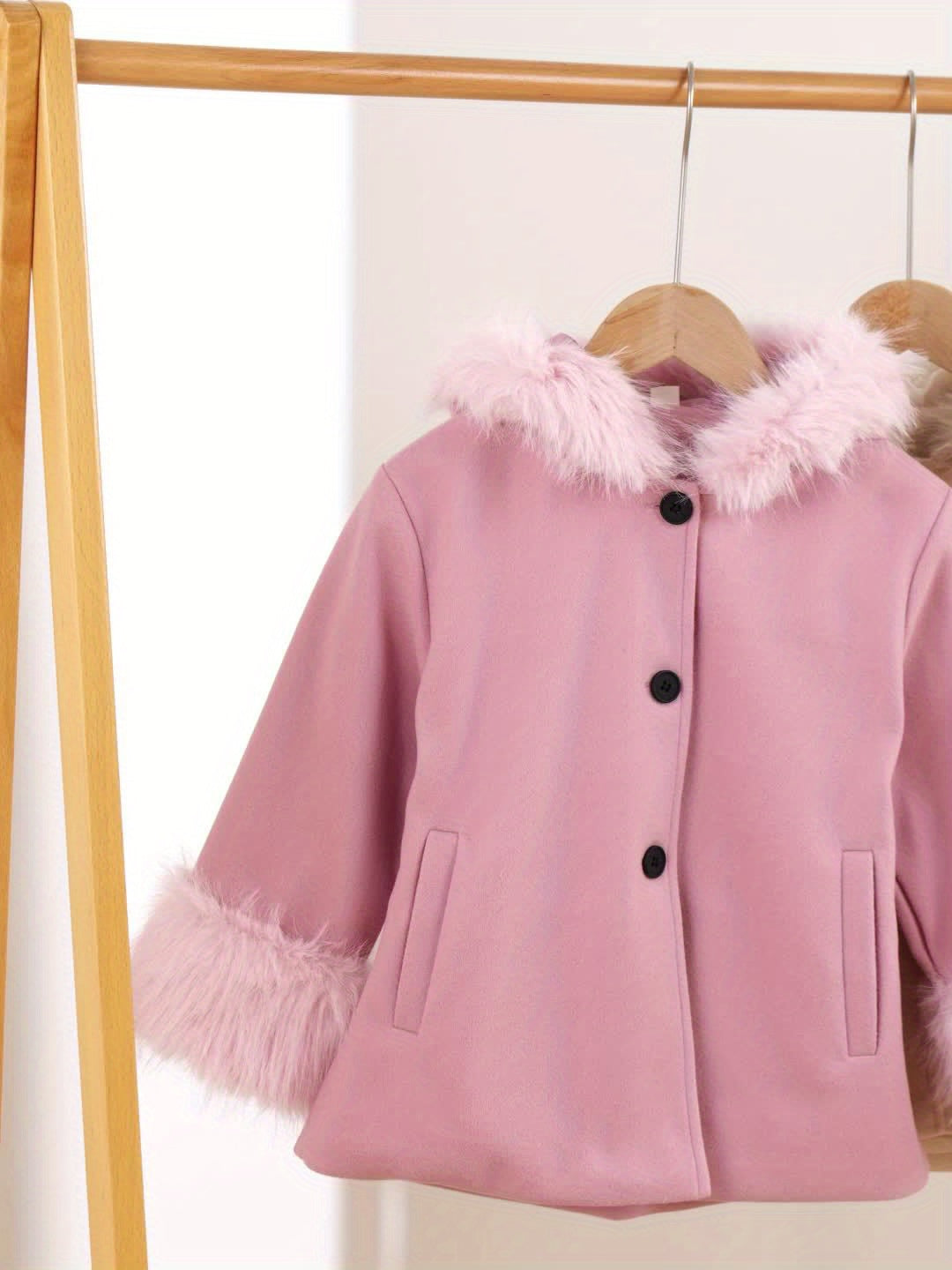 Little Girls Furry Hooded Coat Outerwear With Pockets