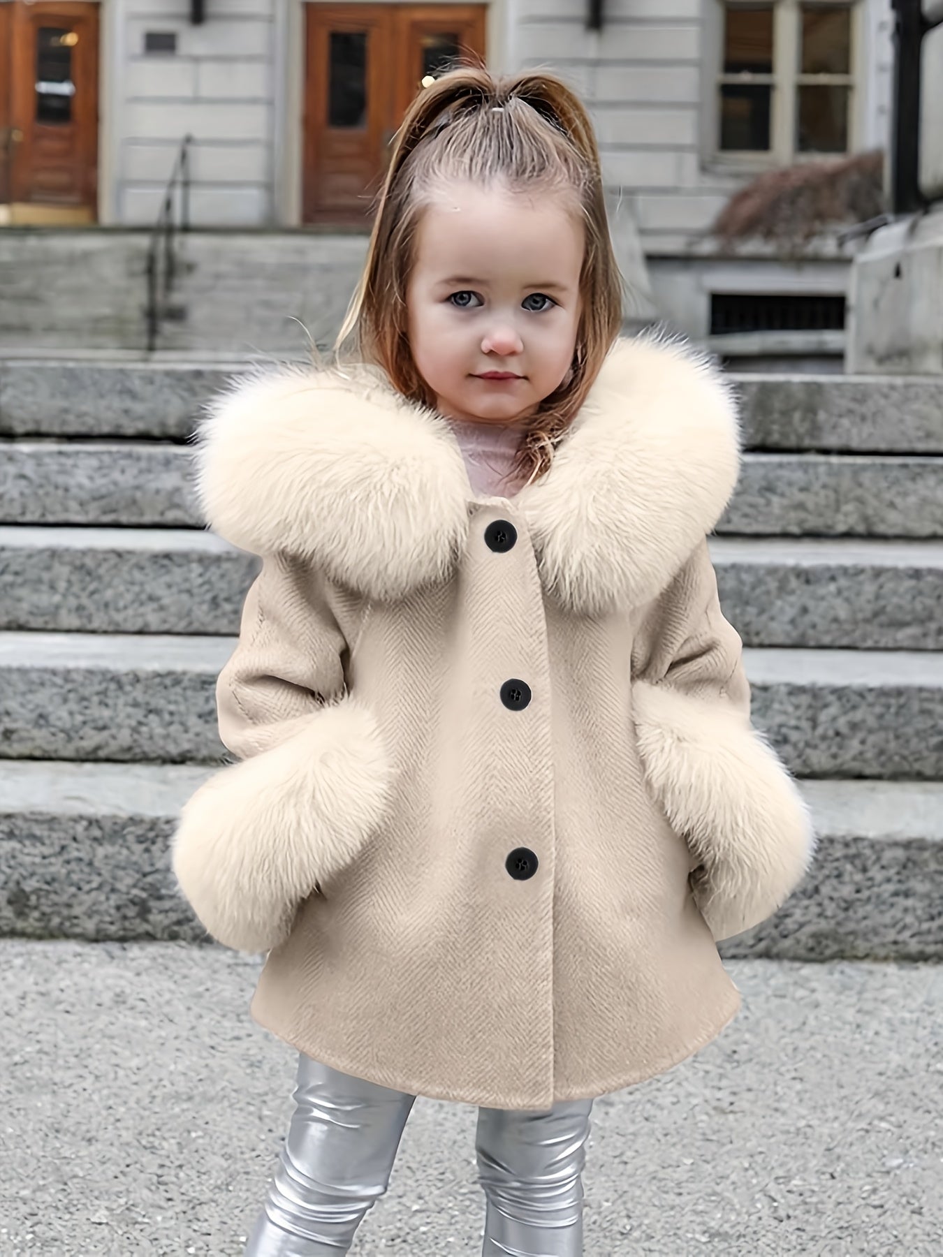 Little Girls Furry Hooded Coat Outerwear With Pockets