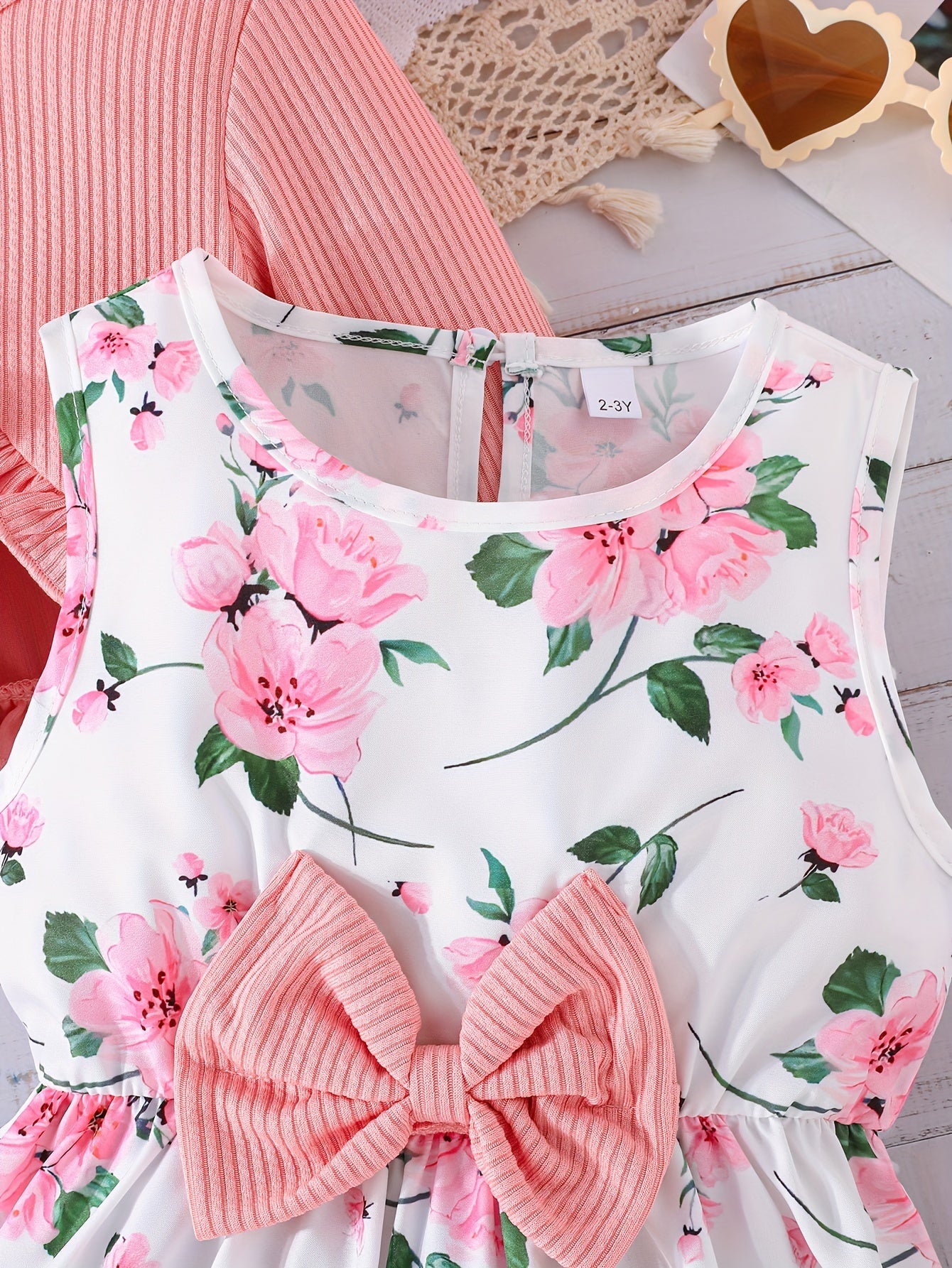 Girls Outfit Elegant Bow Floral Sleeveless Dress