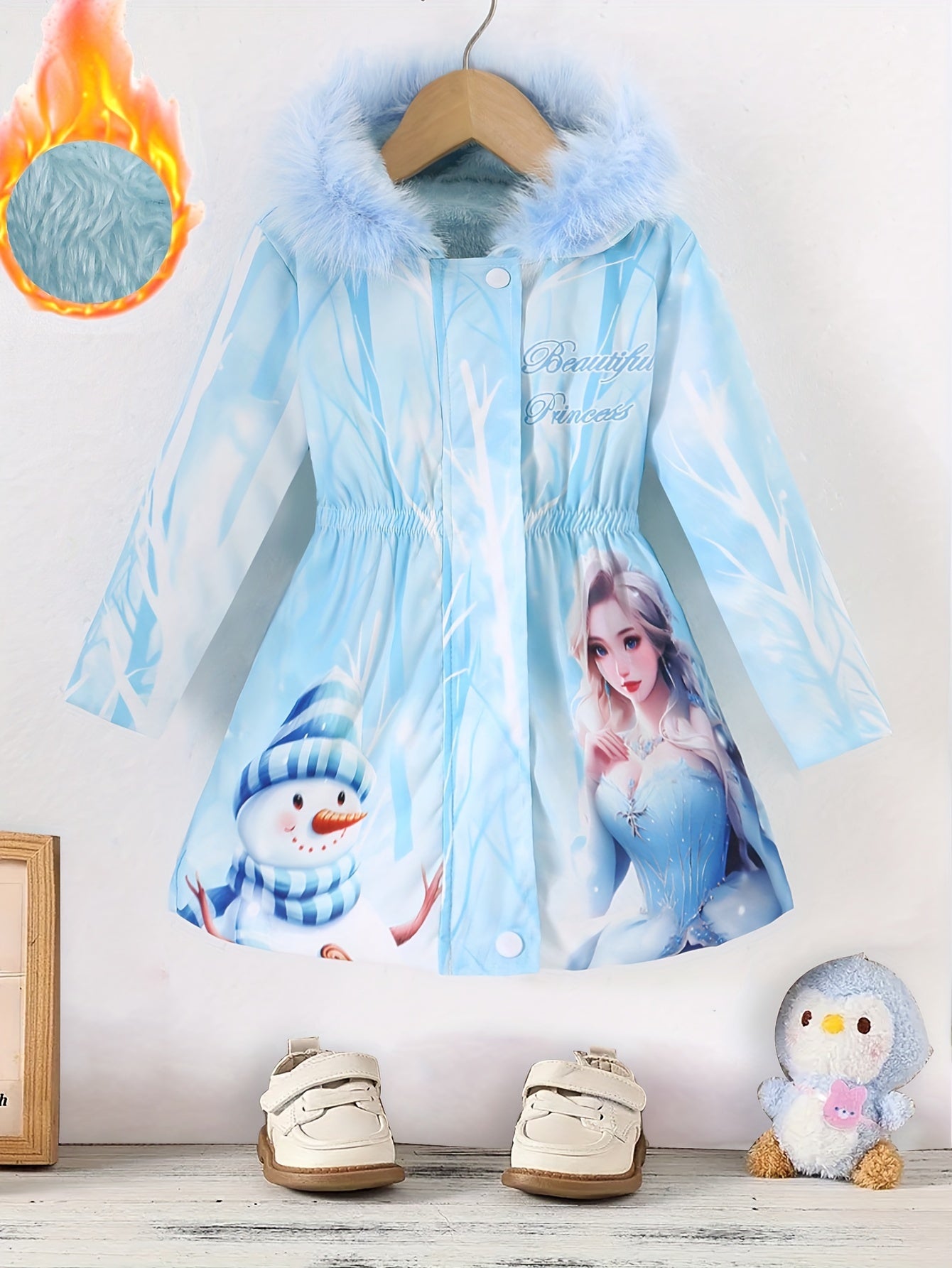 Langärmlige Kunstfell-Kapuzenjacke mit Cartoon-Prinzessin und Schneemann-Grafik für Mädchen, süßer trendiger warmer Mantel für Winter und Herbst, kreatives Geschenk