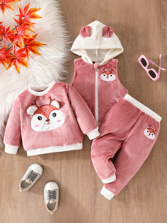 3pcs Baby's Cute Deer Embroidery Fuzzy Sweatshirt