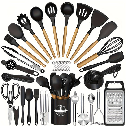 44pcs Silicone Kitchen Utensil Set with Wooden Handles