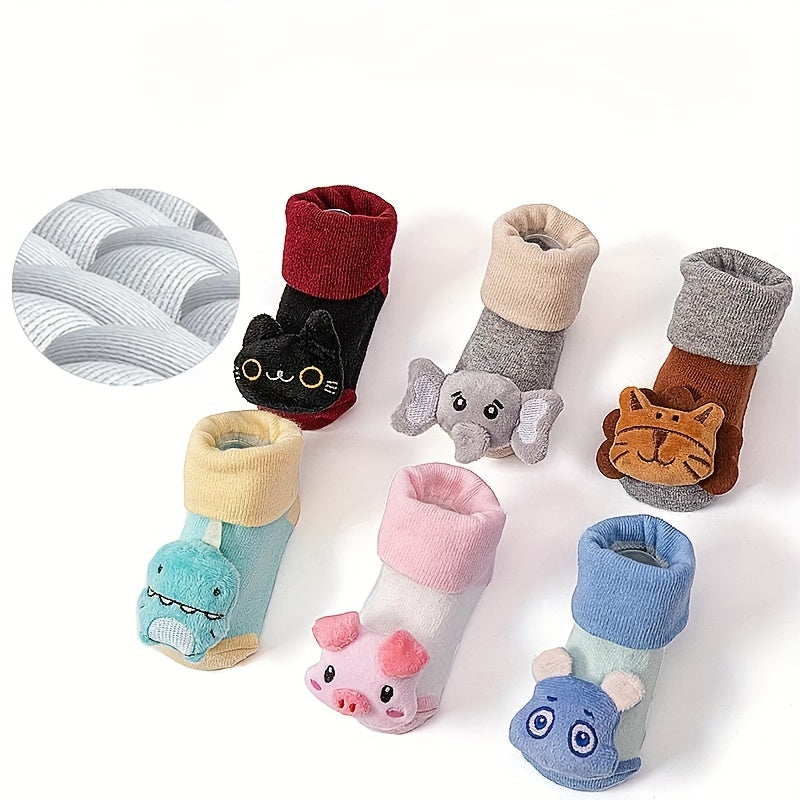 Rutschfeste Socken aus Gummi mit Tierpuppe und Glöckchen in Farbblock-Optik für Babys und Mädchen aus Baumwollmischung, verdickte, warme Bodensocken für zu Hause