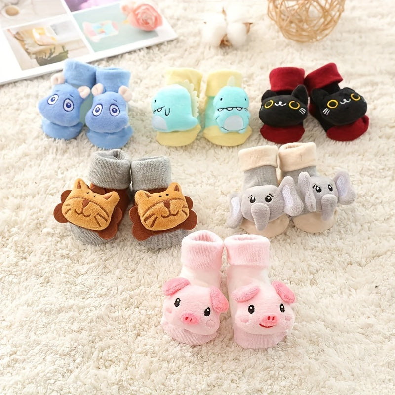 Rutschfeste Socken aus Gummi mit Tierpuppe und Glöckchen in Farbblock-Optik für Babys und Mädchen aus Baumwollmischung, verdickte, warme Bodensocken für zu Hause