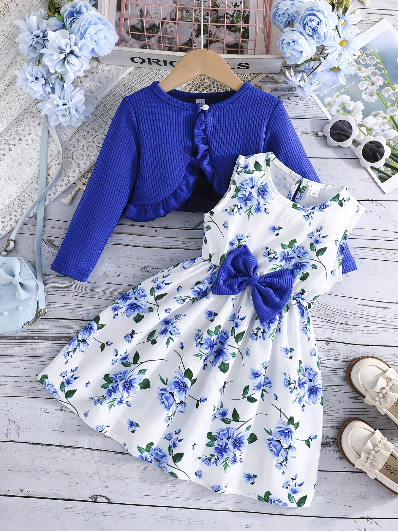 Girls Outfit Elegant Bow Floral Sleeveless Dress