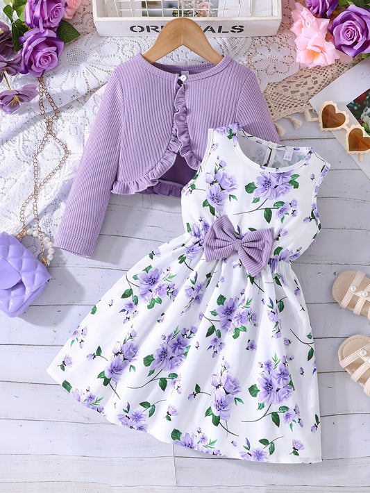 Girls Outfit Elegant Bow Floral Sleeveless Dress