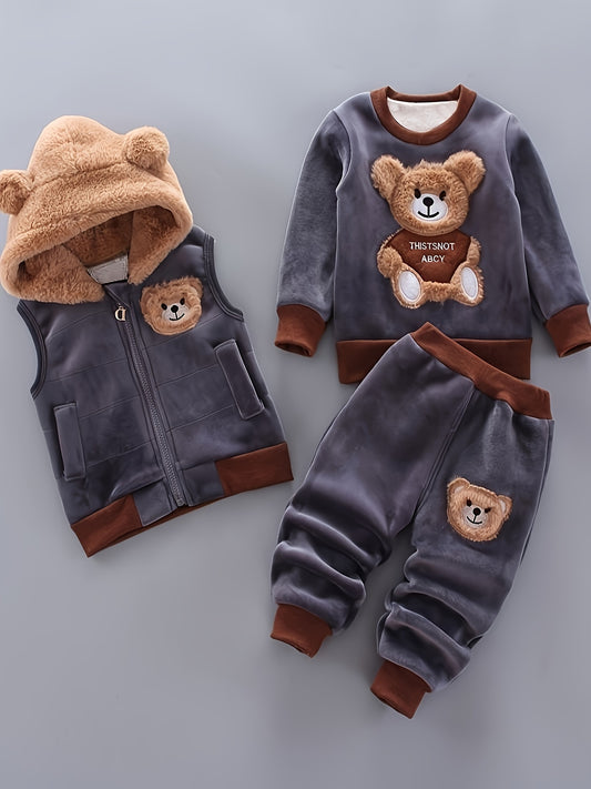 3pcs Boys Adorable Furry Face Bear Pattern Long Sleeve Pullover