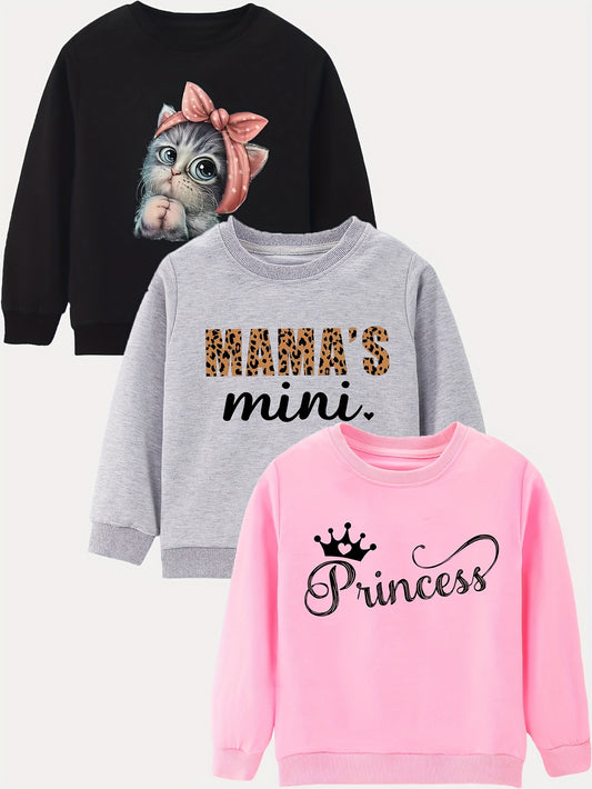 3pcs Girl Sweatshirt Set: Cute Cat, MaMa's Mini And Princess Print