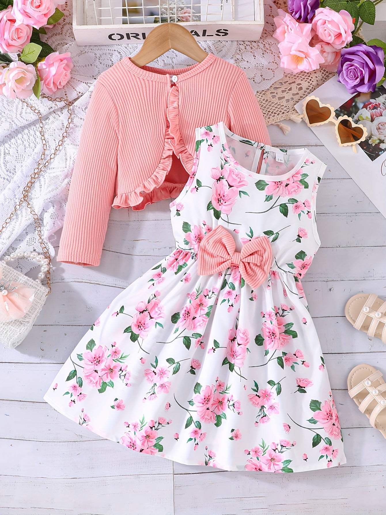 Girls Outfit Elegant Bow Floral Sleeveless Dress