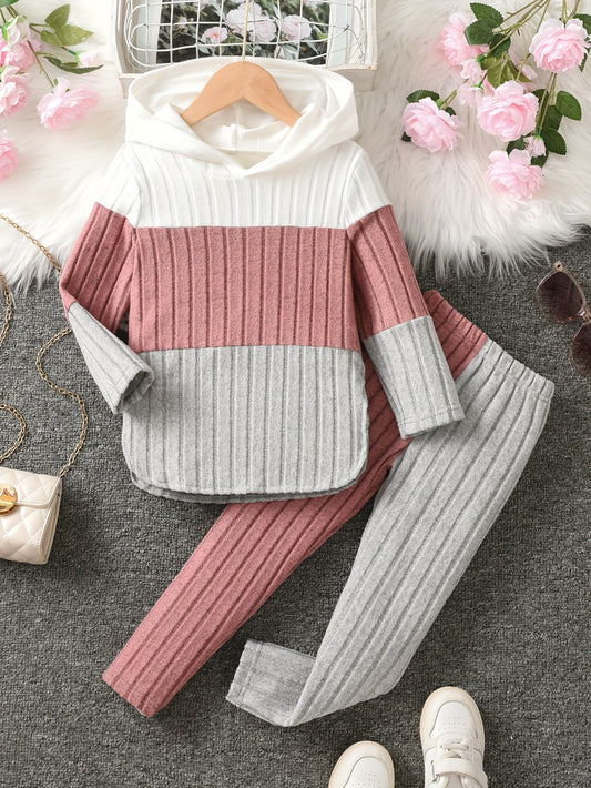 2pcs Hooded Casual Ribbed Long Sleeve Hoodie Top