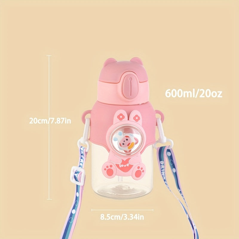 1 Stück 600 ml/20 oz süße, auslaufsichere Outdoor-Wasserflasche mit Strohhalm und Tragegurt – tragbares, BPA-freies, langlebiges, leicht zu reinigendes Design für Schule, Reisen, Sport und den täglichen Gebrauch