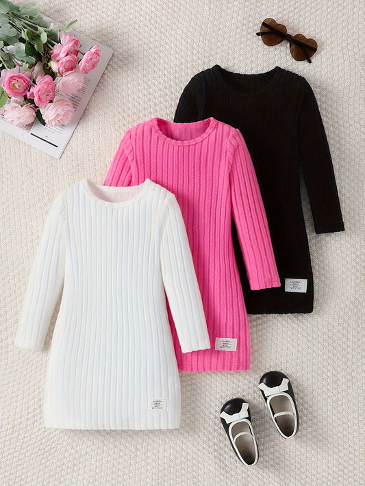 3pcs Girls Solid Ribbed Knit Dress Set Comfy