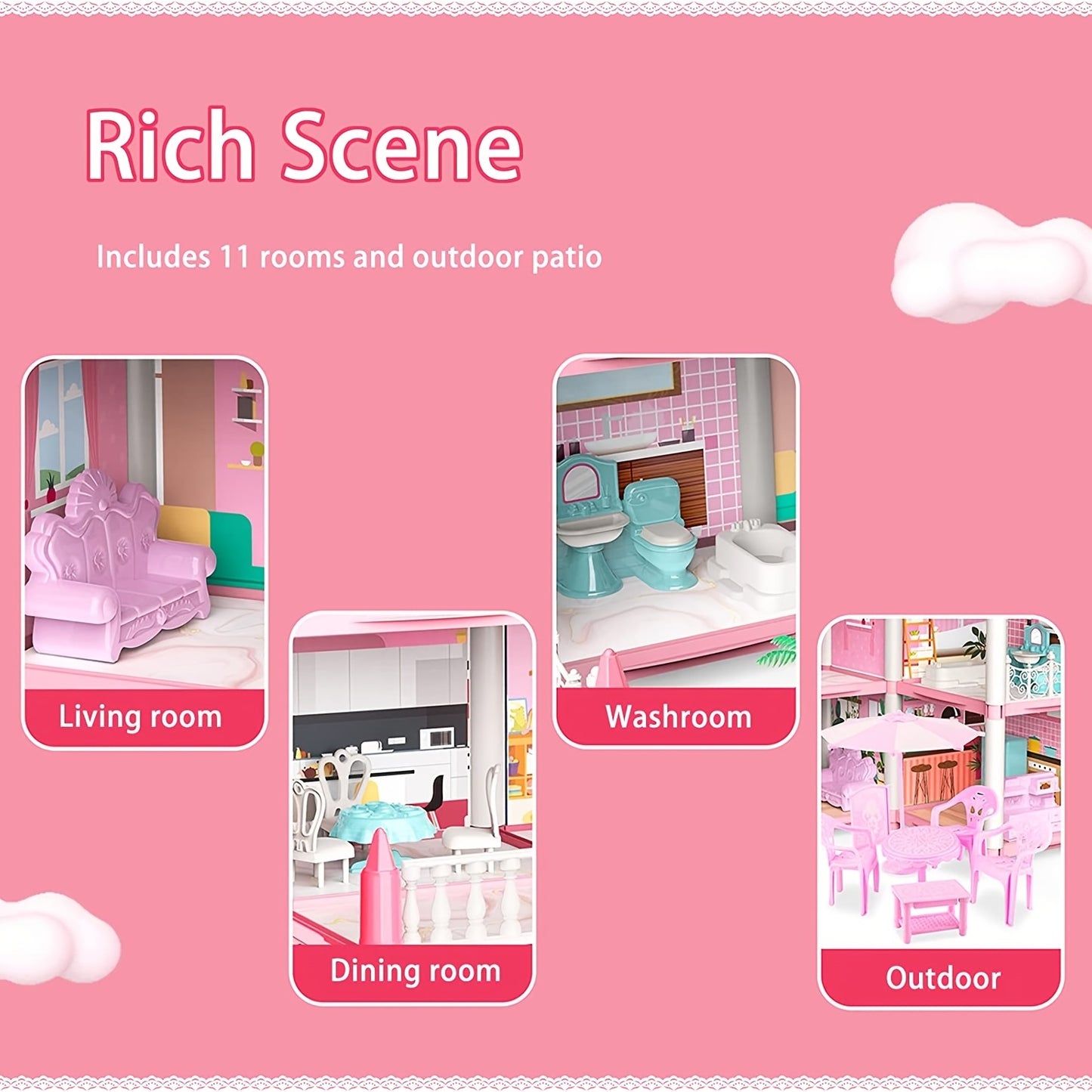 Dollhouse Kit contains 11 rooms and furniture accessories